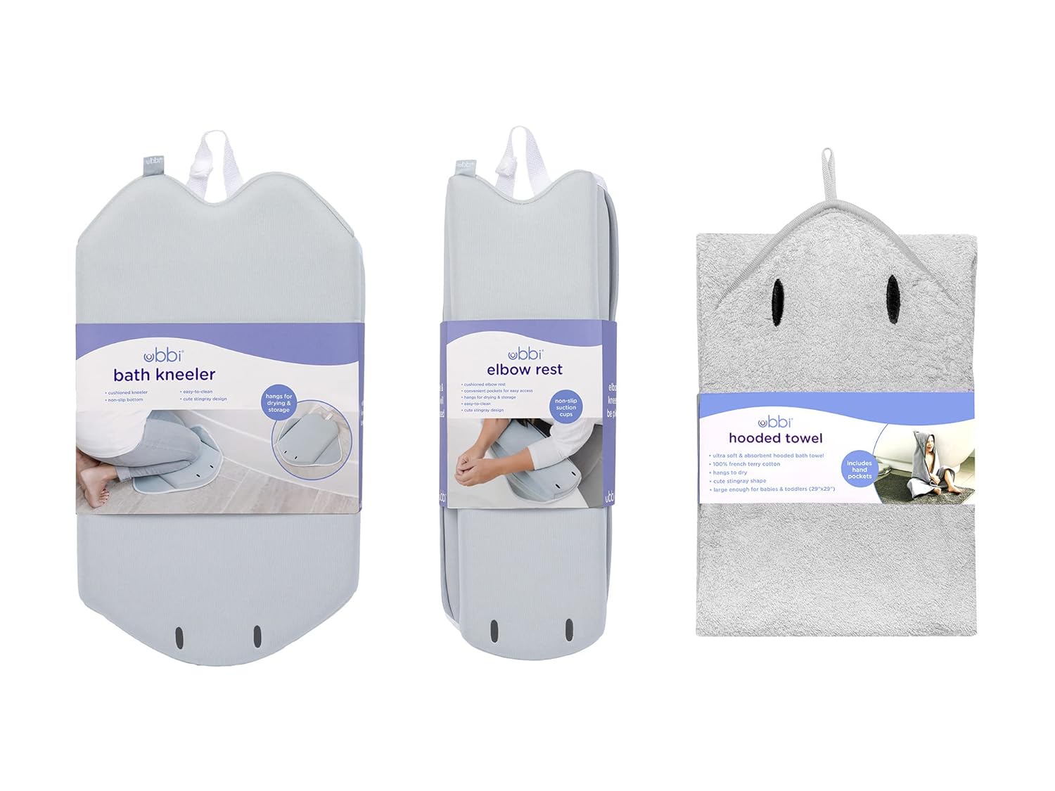 Ubbi Stingray Kneeler, Elbow Rest & Hooded Towel Bundle, Baby and Toddler Bath Time Must Haves for Parents and Baby, Gray