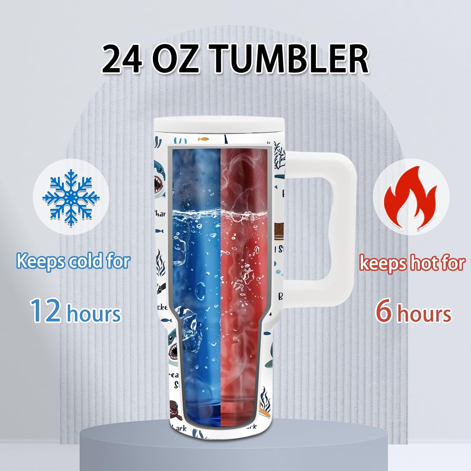 Shark Gifts for Women - 24 oz Shark Tumbler with Handle and Straw, Insulated Stainless Steel Cup, Leakproof, Ocean Themed Travel Mug for Sea Animals Lovers, Fits Car Cup Holders, Keeps Drinks Cold - Image 3