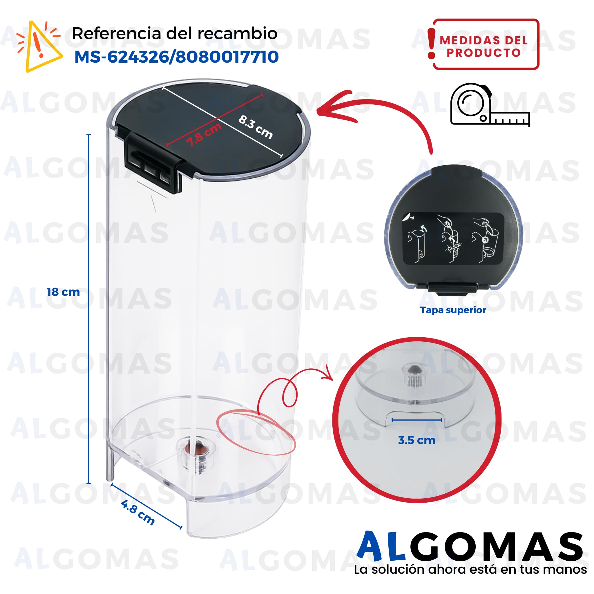 ALGOMAS® Depósito de Agua Compatible con Nespresso Essenza Mini MS-624326 8080017710 | 0,6L Transparente | Repuesto Sustitución Cafetera XN110 | Instalación Fácil