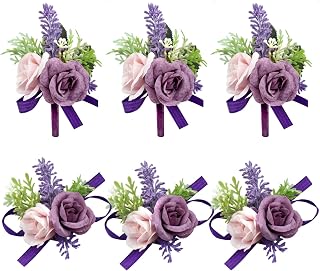 Ciandid パープルローズ リストコサージュとブートニエールセット ウェディング用 6個セット 新郎用花婿付添人 ブートニエール3点 花嫁介添人 リストレットバンド ブレスレット ウェディングプロム用
