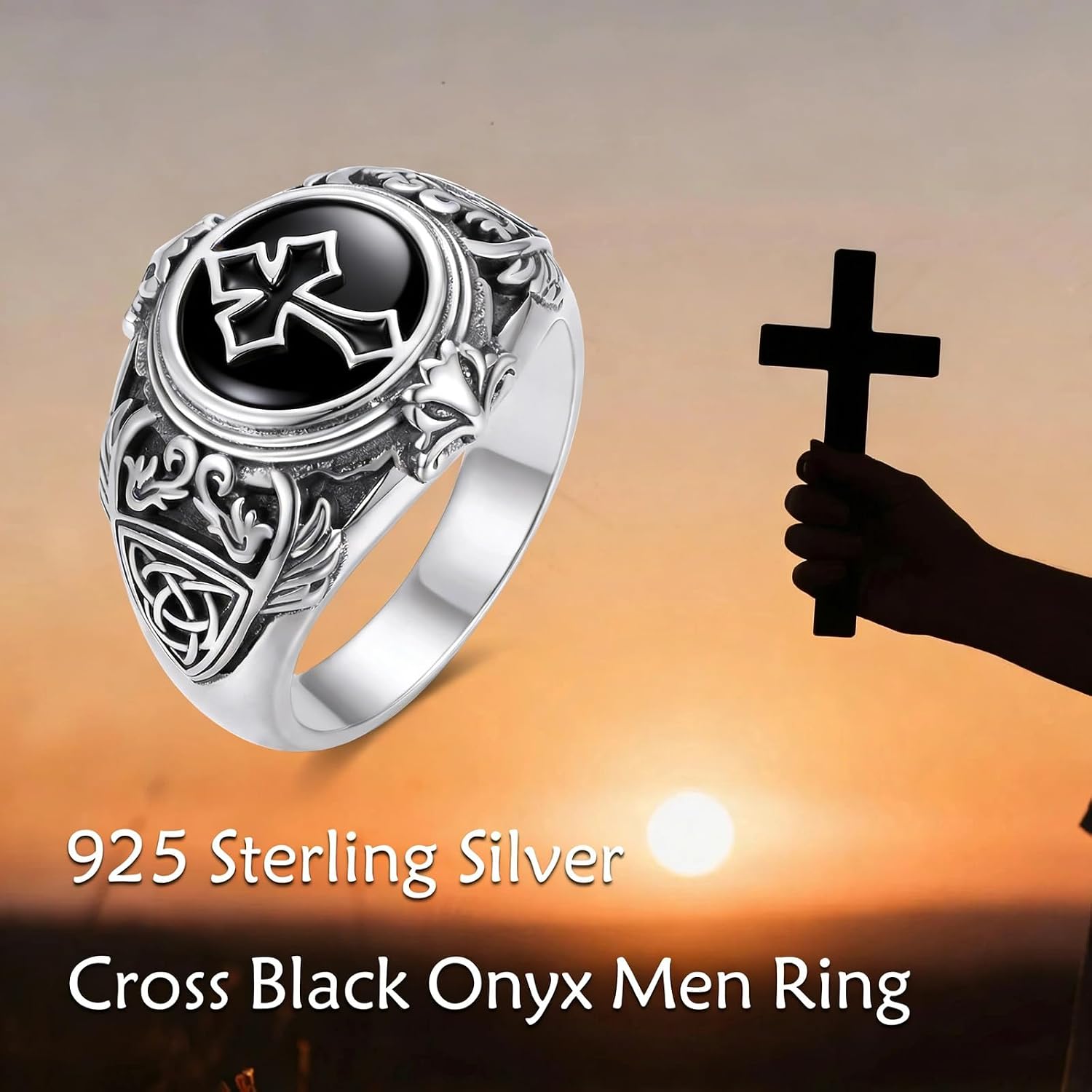 925 Sterling Silver Cross Ring for Men, Vintage Celtic Knot Wide Band Gemstone Statement Ring Size 6-15