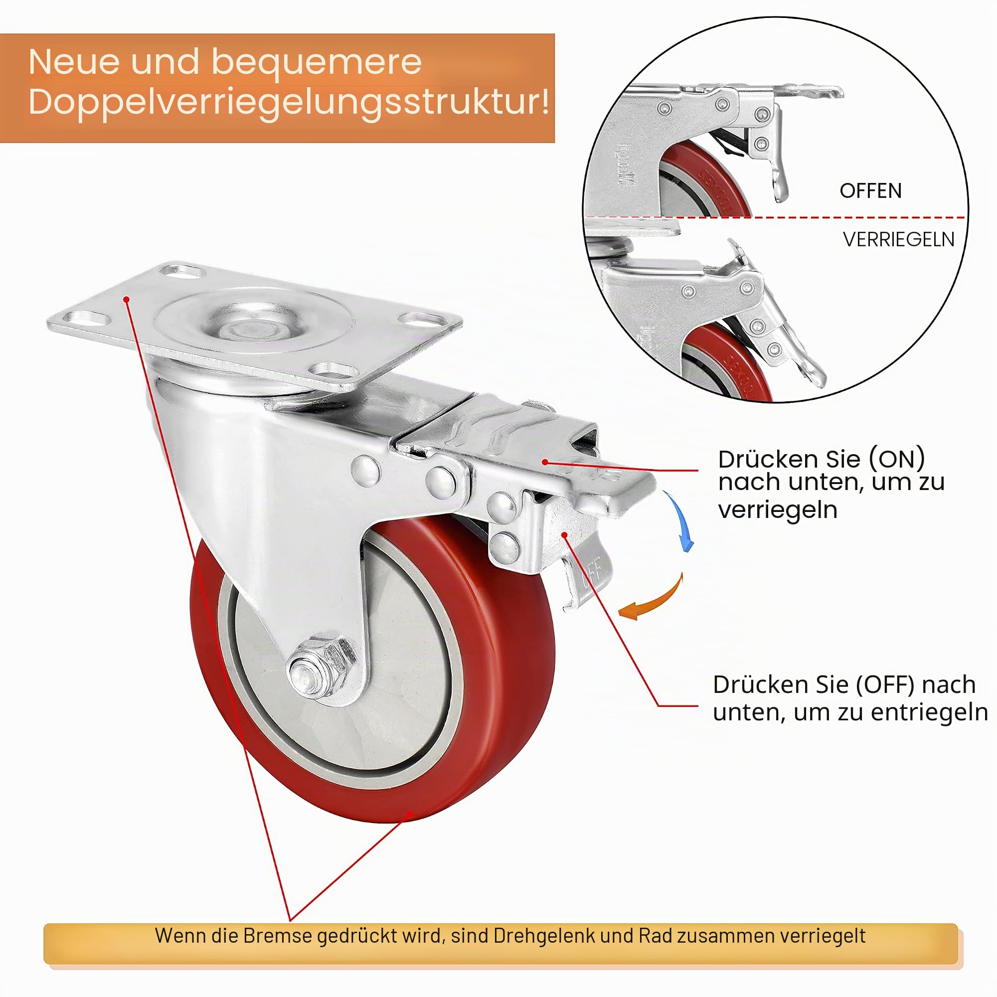 4er set Lenkrollen 100 mm mit Bremse，Doppelverriegelung 360 Lenkrollen Schwerlast mit 800kg Tragfähigkeit，Für Tragbarkeit für Möbeltransport & Industrietransport