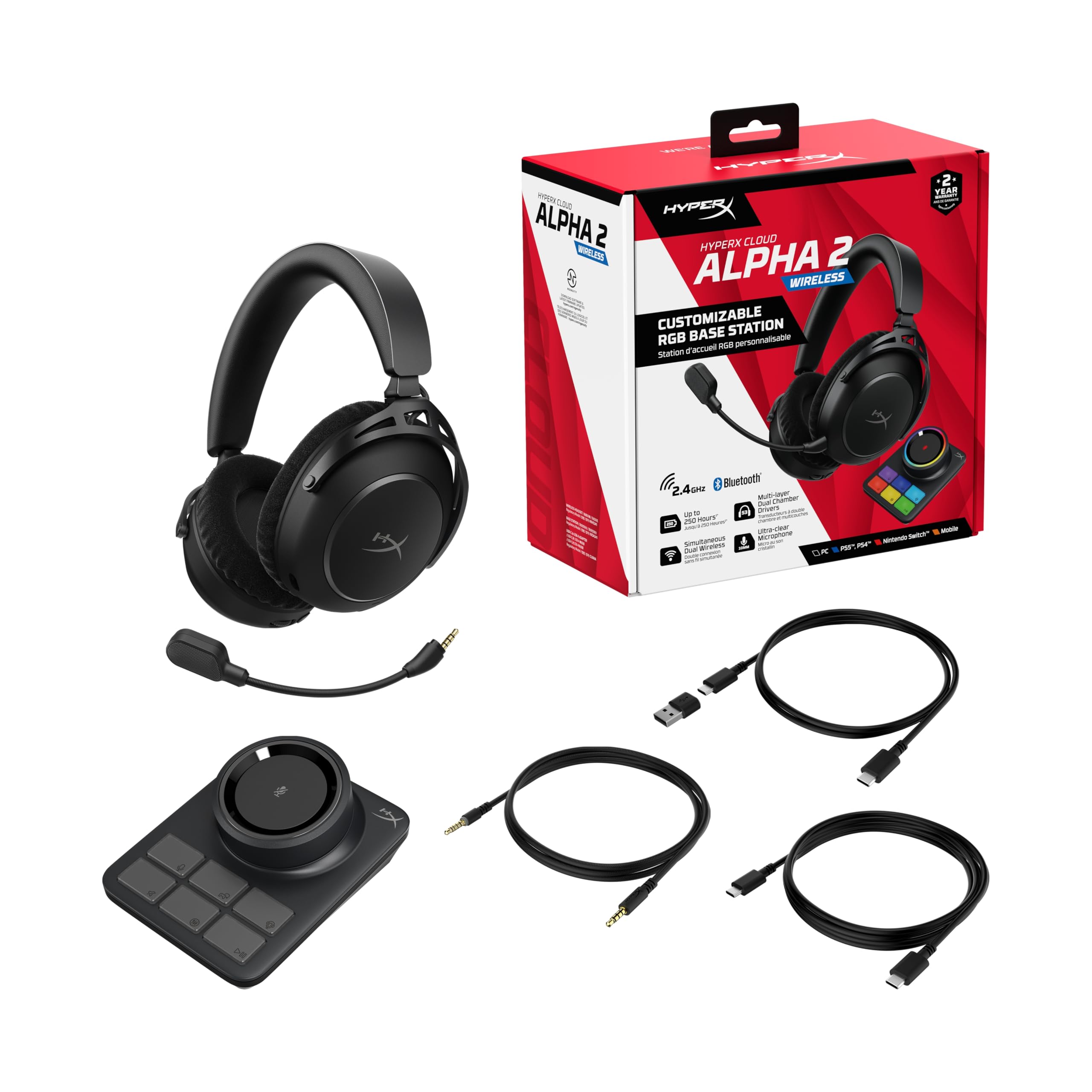 HyperX Cloud Alpha 2 Wireless, Casque Gaming sans Fil, 250h d’autonomie, Bluetooth, Station RGB, Haut-parleurs Double Chambre 53 mm, Micro détachable,Compatibilité PC PS5 PS4 Switch Mobile, Noir