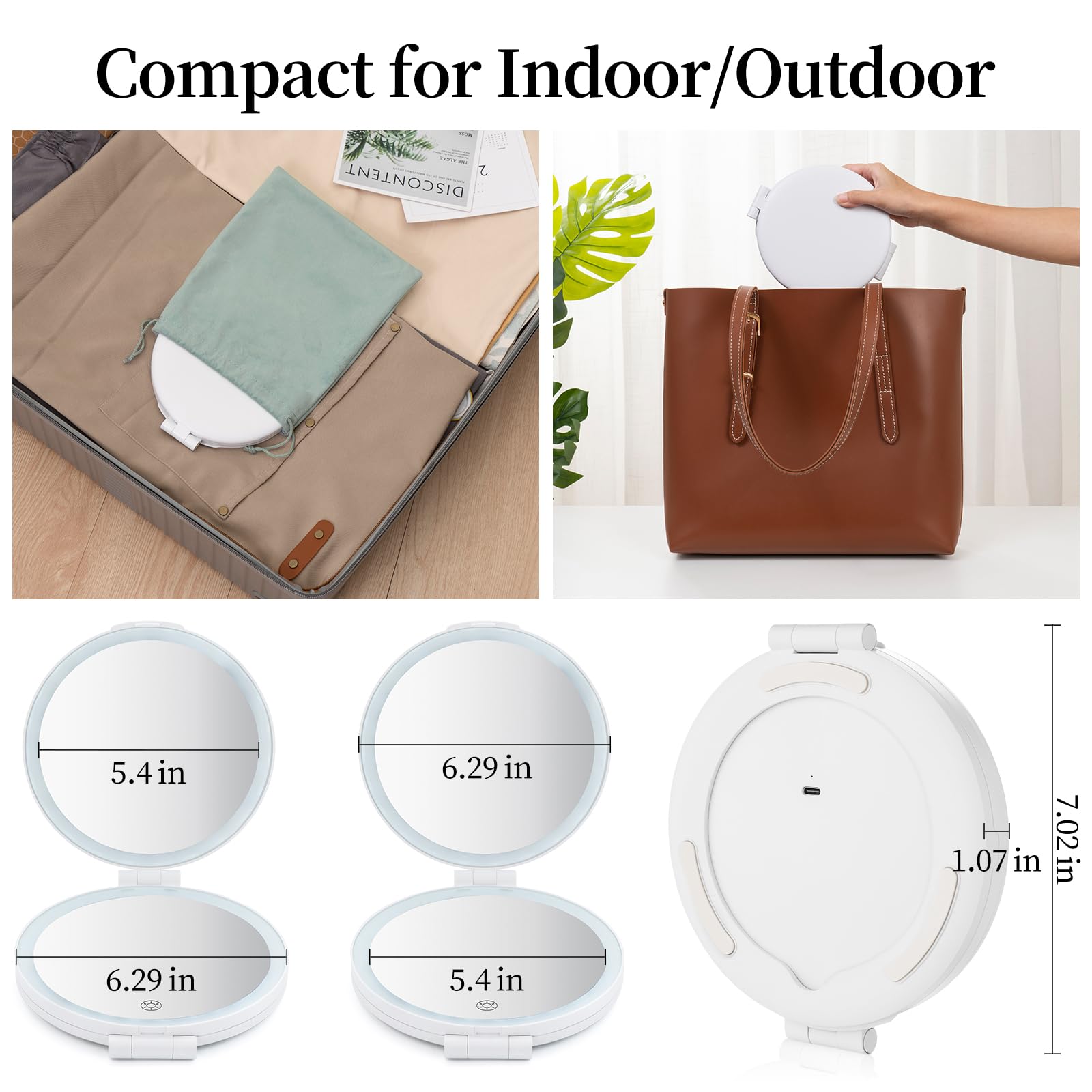 SINPUDA Travel Makeup Mirror, Lighted Makeup Mirror with Magnification 1X/5X, 3 Color Dimmable Vanity Mirror with Lights Portable Foldable Compact Cosmetic Light up Mirror