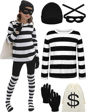 URATOT Robber Costume Set Black and White Striped Tee Shirt Canvas Bag Gloves Eye Patch and Beanie Cap
