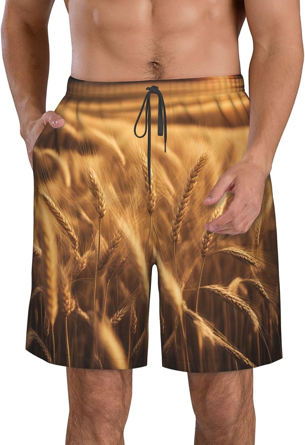 Mens Wheat Field Print Beach Shorts,Casual Summer Shorts for Men,Quick Dry Polyester