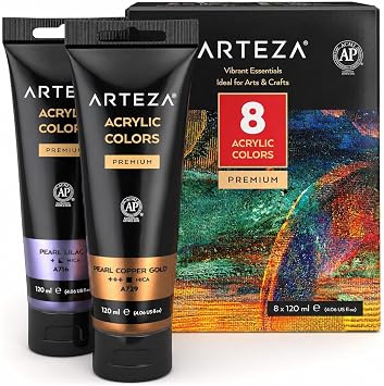 ARTEZA Metallic Acrylic Paint Set, 8 Vibrant Colors, 4.06 oz High-Viscosity
