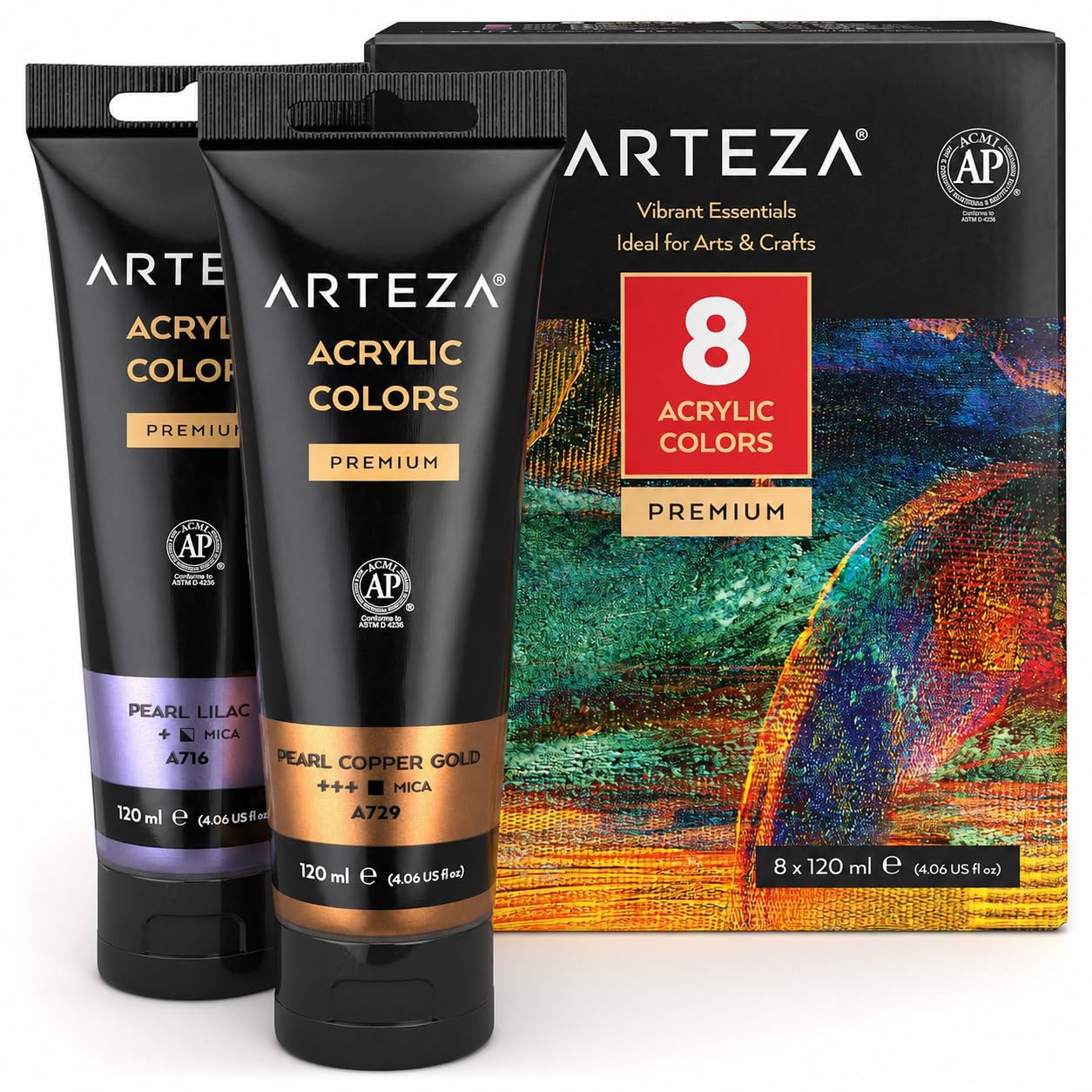 ARTEZA Peinture acrylique métallisée, set de 8 couleurs métallisées en tubes de 120 ml pigments riches, sans décoloration, peintures non toxiques pour les artistes, les peintres amateurs sur toile