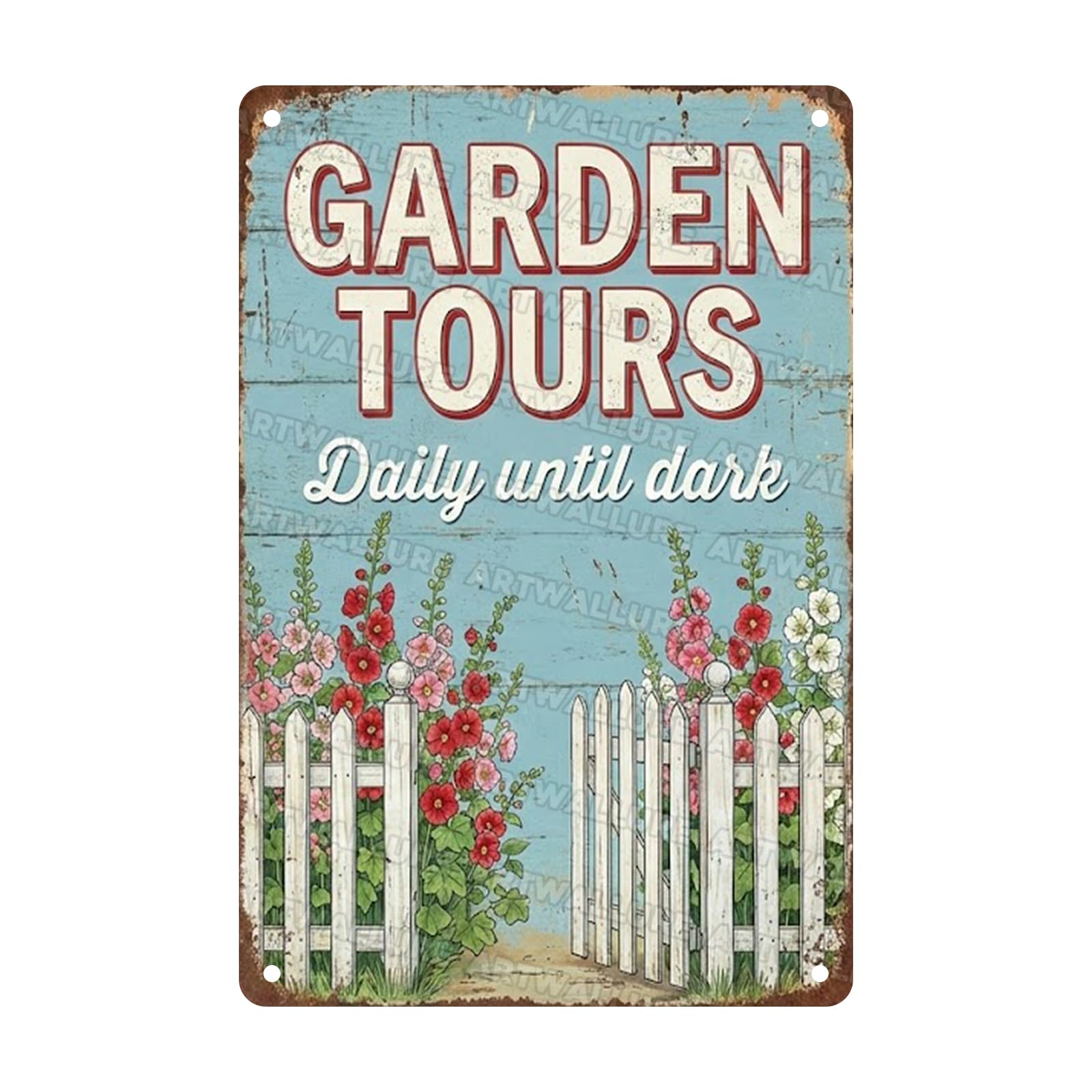 Garden Metal Tin Sign Garden Tours Daily Until Dark Vintage Sign Blue Wood Look Flower Wall Decor Retro Nature Art for Cottage Gate Fence Yard Greenhouse Farmhouse Porch Decor 8x12Inch