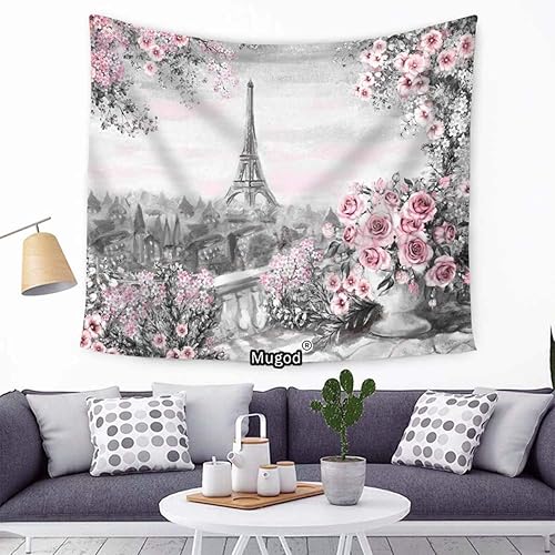 Miniatura 2 de Mugod Tapiz de torre Eiffel, pintura al óleo gris y rosa para París, paisaje de verano, flores, rosas, hojas, decoración del hogar, tapiz para