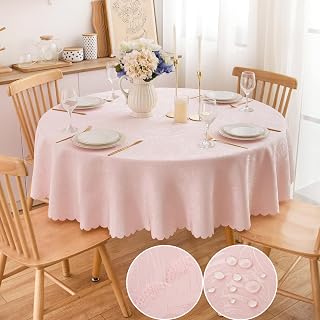 Round Tablecloth Valentines Day Pink Jacquard Table Cloths Waterproof Washable Wrinkle Free Leaves Soft Fabric 50 Inch Table Cover for Kitchen Dining Birthday Party Banquet Decoration