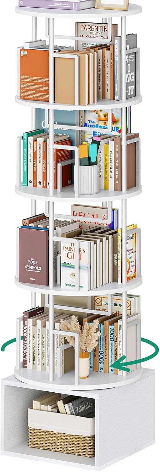 5 tier rotating bookshelf with extra storage cabinet, 360°spinning corner bookshelf, floor standing bookcase for kids & adult, narrow book shelf for bedroom living room, pure white