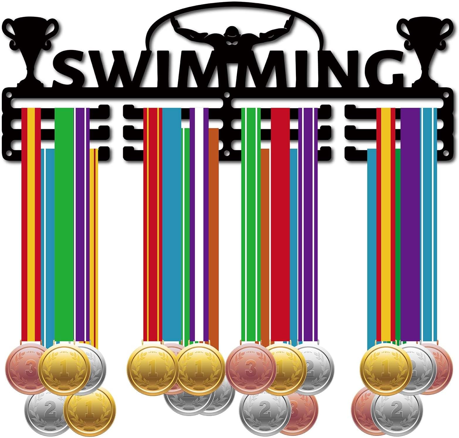 CREATCABIN Swimming Medal Hanger Display Medal Rack Sports Hanging Metal Athlete Awards Iron Wall Mount Decor on 60+ Medals for Swimmer Running Ribbon Black 40 x 14 cm