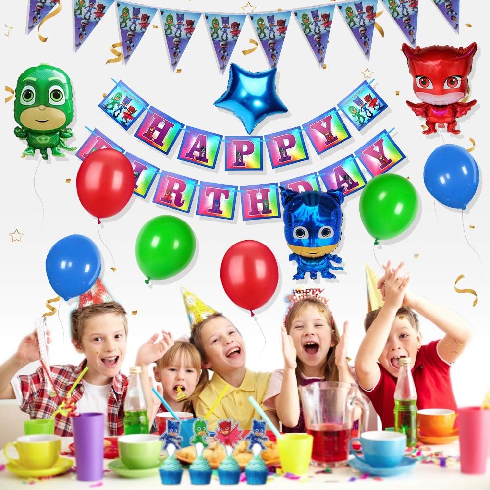 230 Pcs PJ Msaks Party Decorations for 20 Guests, PJ Msaks Birthday Party Favors, Party Supplies Pack Includes Tableware, Napkins, Tablecloth, Banner, Pennant, Blowouts, Balloons, Cake Topper