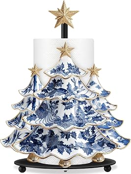 Shellwei Chinoiserie Christmas Tree Paper Towel Holder, Blue White Decor