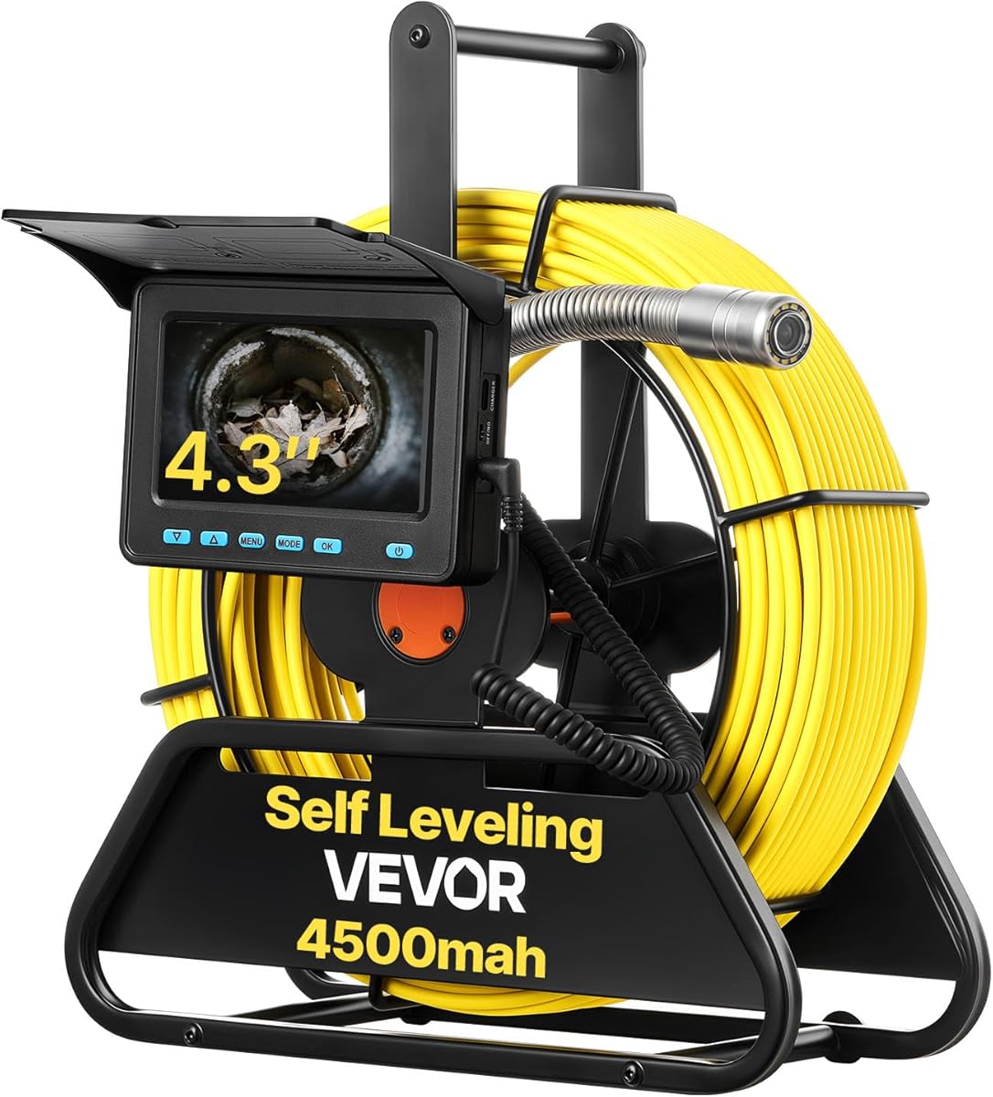 VEVOR Kanalkamera, 50 m, selbstnivellierende Rohrkamera mit 4,3-Zoll-HD-Bildschirm, IP68 wasserdicht, mit Beleuchtung (12 LEDs & 16-GB-Speicherkarte) für Abwasserleitungen & -rohre