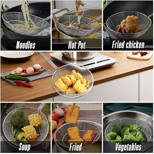 Miniatura 4 de YFWOOD Colador de araña de 5.5 pulgadas, raspador de alambre reforzado de doble bobina con mango grande, cucharón colador de acero inoxidable