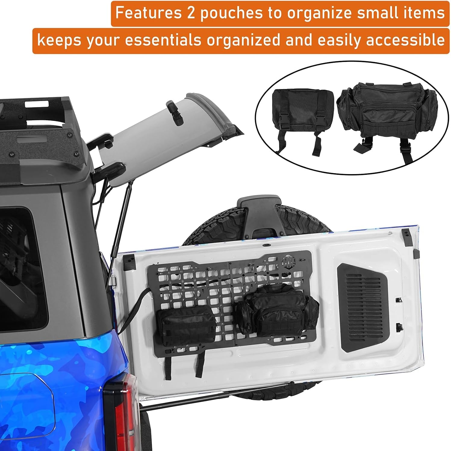 Hooke Road Bronco Tailgate MOLLE Panel Rear Door Storage Pocket w/2 MOLLE Pouches Bags for 2021-2026 Ford Bronco (Exclude Bronco Sport), Steel Cargo Rack Interior Accessories