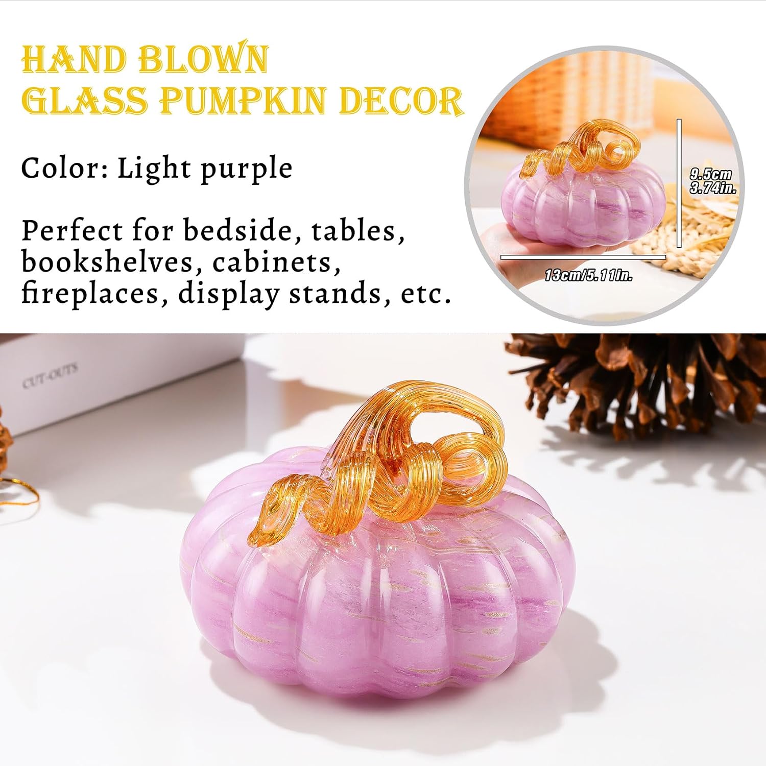 Arikyrist Hand Blown Glass Pumpkin Figurine Gifts Fall Decor (Light Purple) image 5