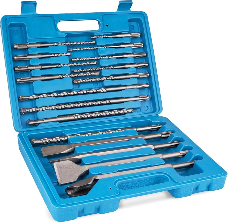 17pcs SDS Plus Concrete Masonry Drill Bits and Chisels Set with Storage Case, Carbide-Tipped Drill Bit Set for Concrete, Stone, Brick