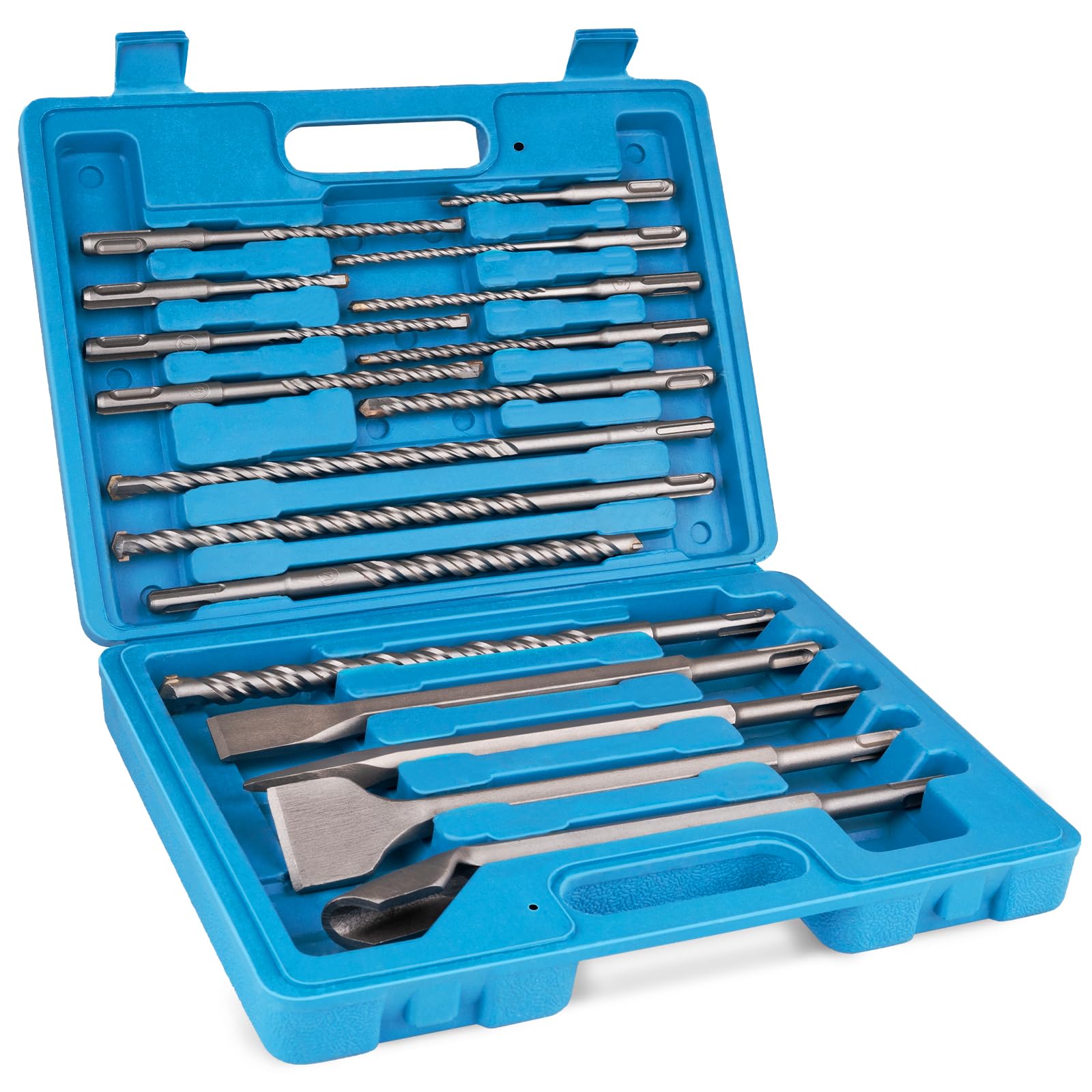 Juego de brocas y cinceles para martillo giratorio, 17 piezas SDS Plus para hormigón y mampostería con estuche de almacenamiento, juego de brocas con punta de carburo para hormigón, piedra, ladrillo