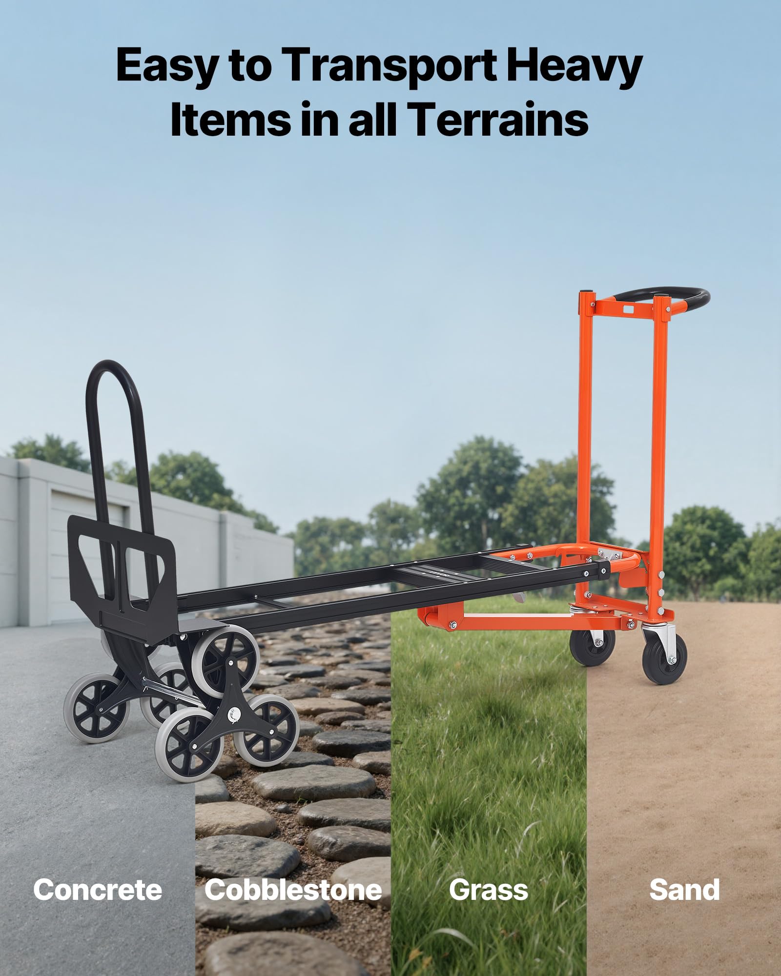 VEVOR 3-in-1 Treppensackkarre, Sackkarre max. Traglast 350 kg, klappbare Transportkarre mit Griff & Rädern, Treppensteiger-Transportwagen, Stapelkarre, Treppensteigerwagen, Orange & Silber