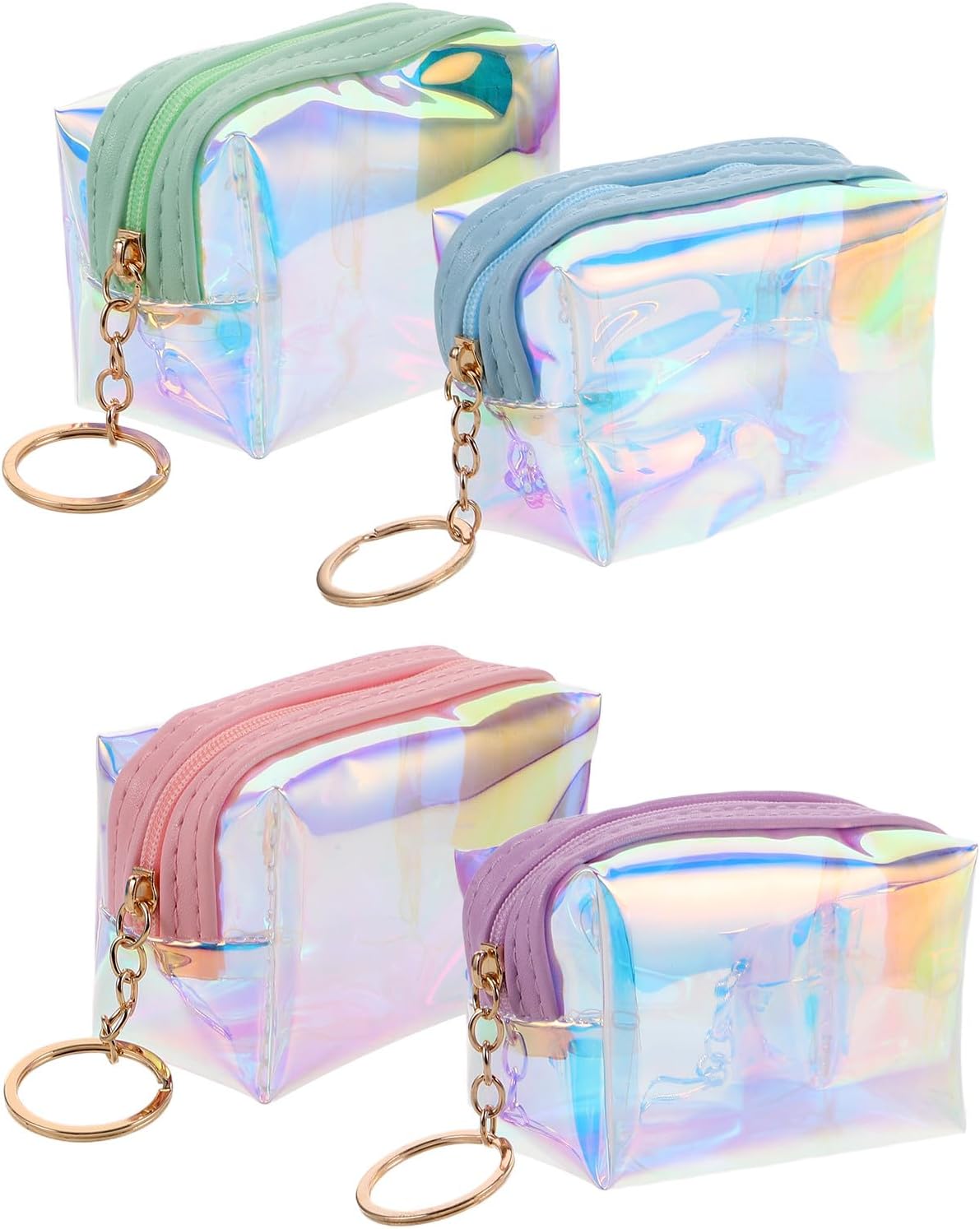 4Pcs Mini Wallet Keychain Set Small Iridescent Coin Holder Keychains with Zipper for Teen Travel and Daily Use