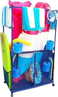 Essentially Yours Pool Equipment Holder with Towel Drying Bars, Mesh Rolling Double Decker Multi Use Storage Organizer Bin, 37"L x 28"W x 57"H, XXL, BlueMesh/Blue PVC