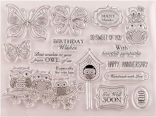 Qoiseys Sellos transparentes de mariposas y búhos para hacer tarjetas, sellos de goma para álbumes de recortes, álbum de fotos, papel en relieve,