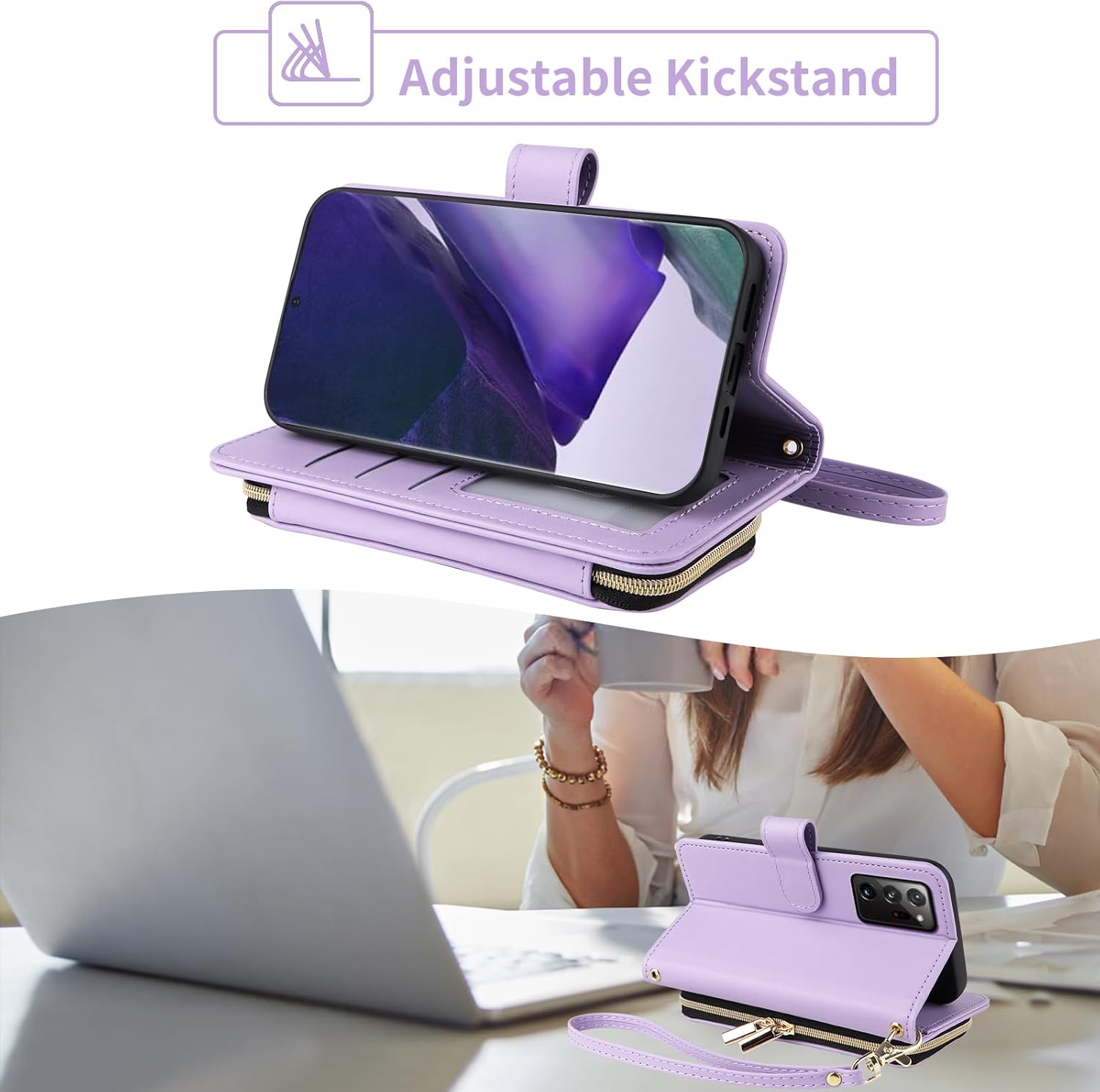 Wallet Case for Samsung Galaxy Note 20 Ultra 5G with Wrist Strap, 9+ Card Slots Zipper Purse, PU Leather Stand Phone Cover for Note20 Plus Notes 20Ultra Note20+ U + 20+ Twenty Not S20 Purple