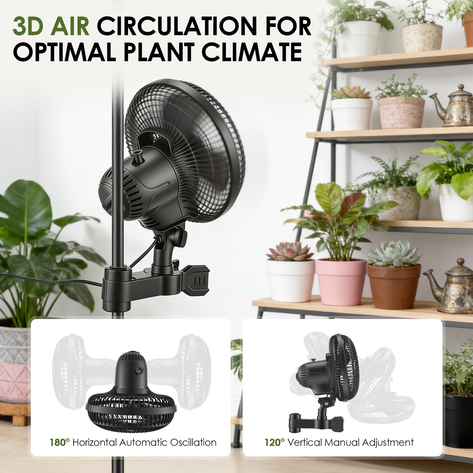Grow Clip-Ventilator 25W, Oszillierender Klemmbar 22cm Durchmesser für Growzelt Growbox mit 1.5m langes Kabel, Oszillierender Lüfter mit Clip, 2 Geschwindigkeitsstufen