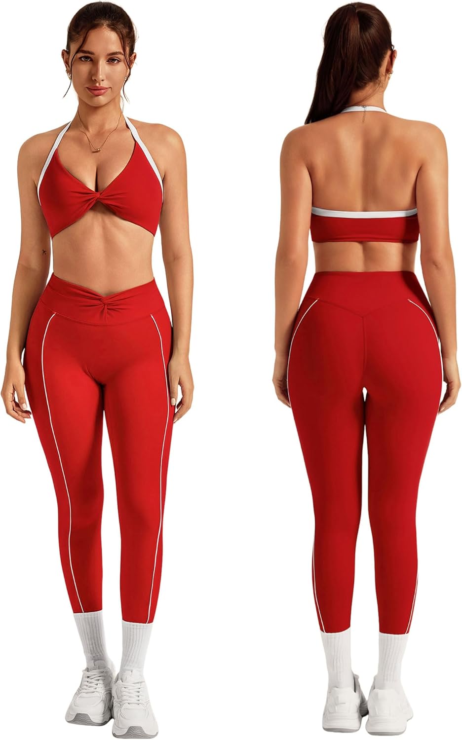 ABOCIW Womens 2 Piece Workout Sets Twits Front Halter Sports Bra Tummy Contron Leggings Yoga Pilates Outfits