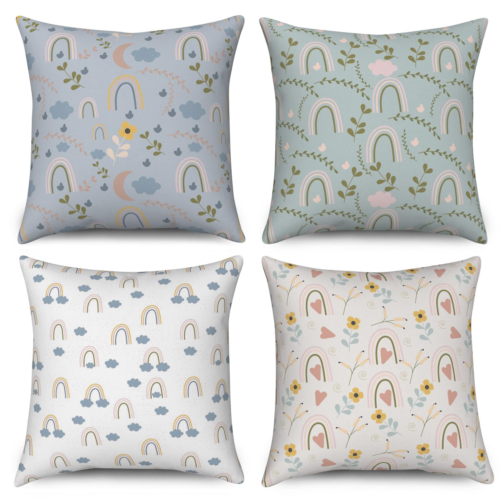 ASDCXZ Kids Pillow Cover 45x45 cm 4er Set, Cute Flower Rainbow Cloud Blue Green Sofa Deco Pillow Covers, Washable Polyester Flax Textile Outdoor Pillow Cover โ image 1