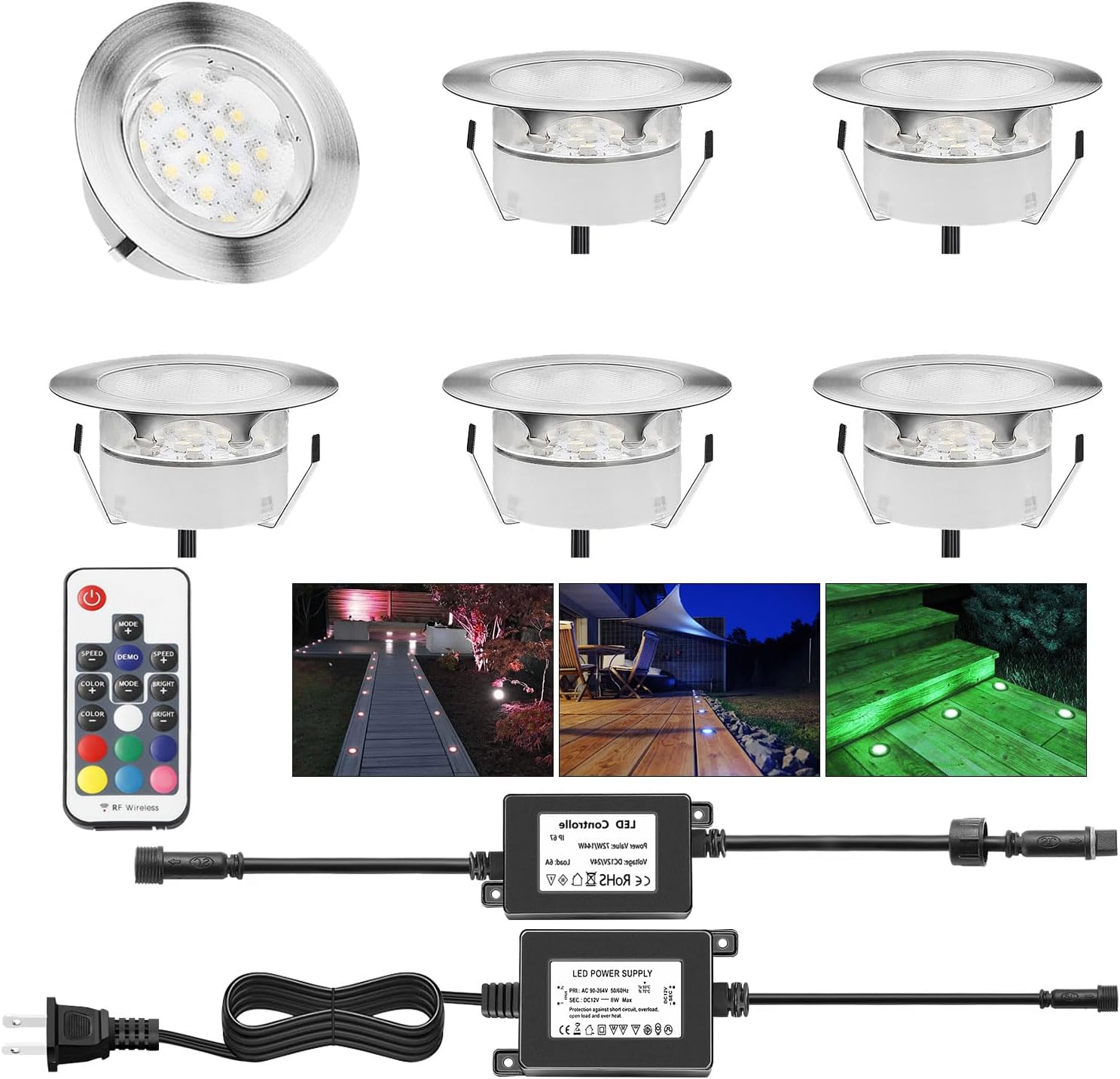 Recessed LED Deck Lights Kits,6 Pack Φ2.36 Waterproof RGB Dimmable Color Deck Light Low Voltage Embedded LED Step Stair Lighting with Remote Control for Garden,Yard,Pathway
