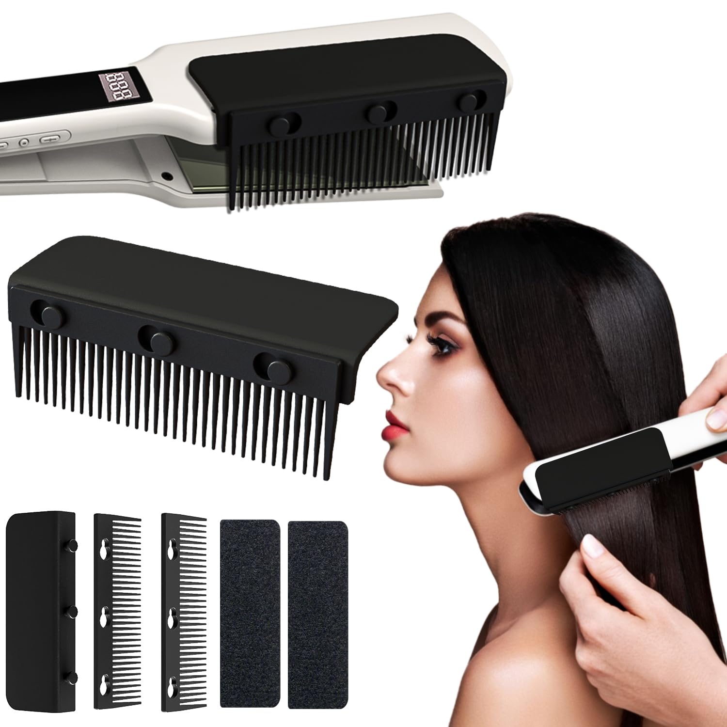 TULOBI 2024 New Flat Iron Hair Straightener Comb Attachment, Professional or Home Use Compact Styling Tool (Black)