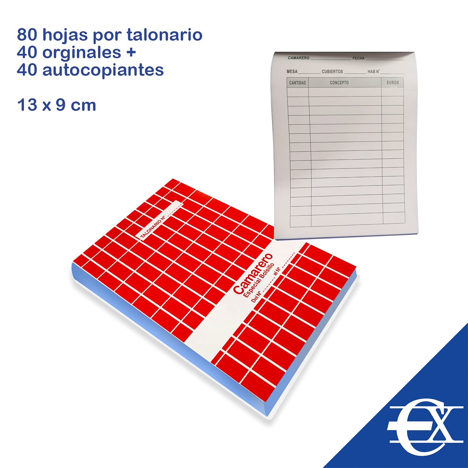 EUROXANTY Bloc camarero | Talonario de Bolsillo | Para coger Comandas | Hojas con Precorte | Original y copia | 80 hojas por talonario | 13 x 9 cm, 12