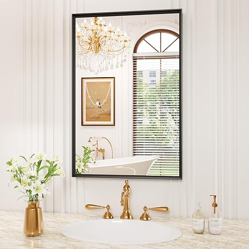 Miniatura 30 de Espejo de baño LED de 20x28 pulgadas con marco negro, espejos de baño retroiluminados y con luz frontal para pared, antiempañamiento, regulable, con