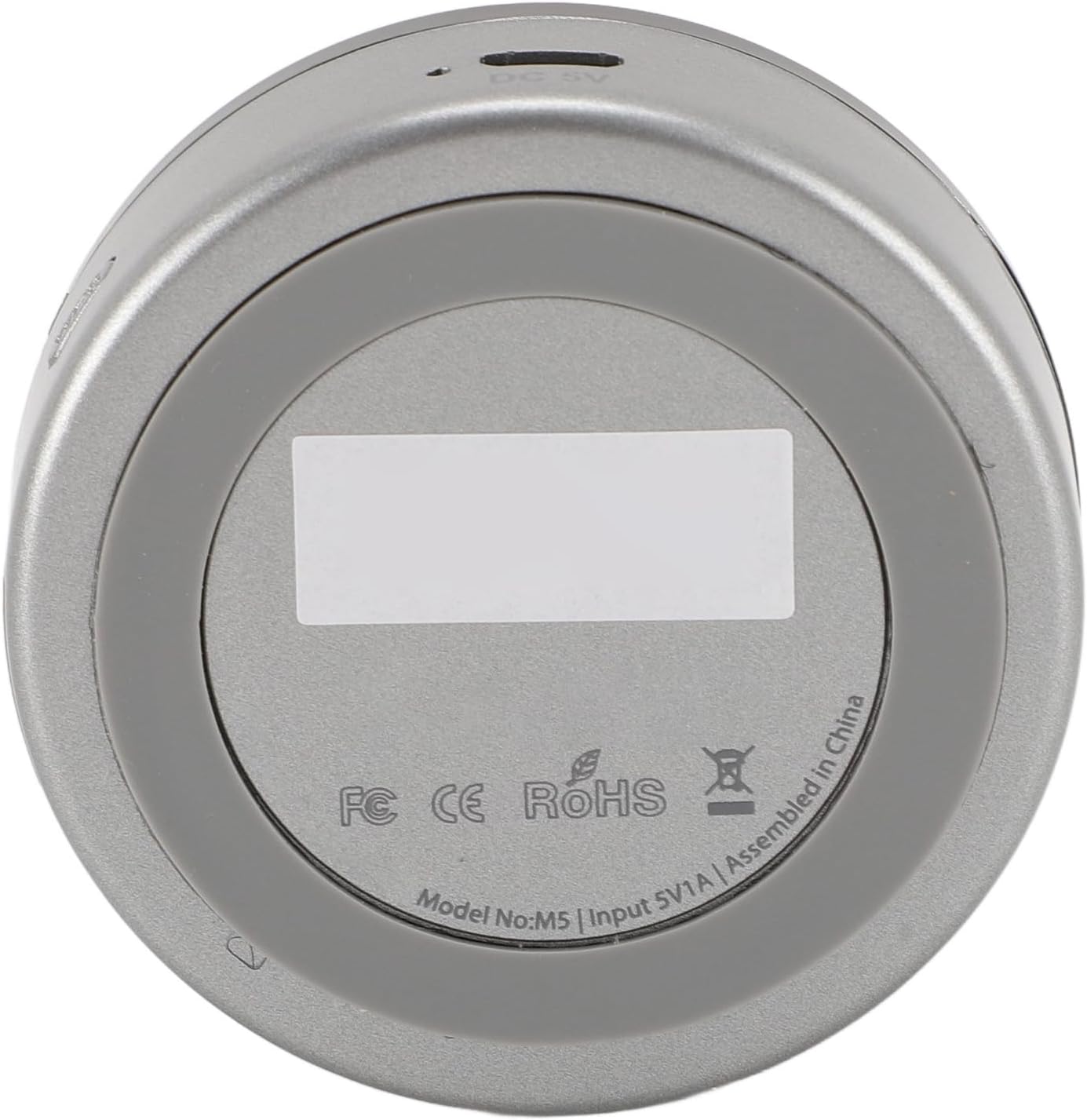 Bawah view of Plyisty Wireless Music Receiver with DC 5V port and regulatory marks