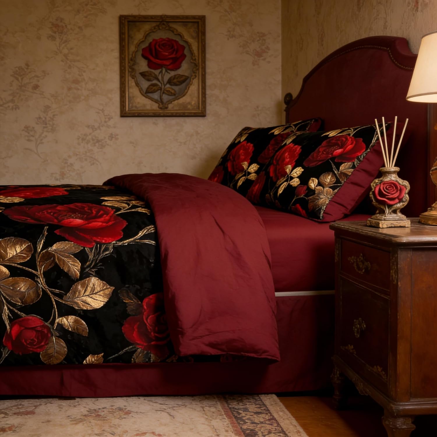 Black Red Roses Comforter Set King Size, Vintage Gothic Floral Bedding on Burgundy Backround - 3Pcs Romantic Microfiber Quilted Set with 2 Pillowcases for All Season, 104"x90" - Image 2