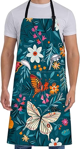 Delantal de mariposa para mujer con flores, 28 x 33 pulgadas, delantales de cocina coloridos color verde azulado con 2 bolsillos, tela Oxford,