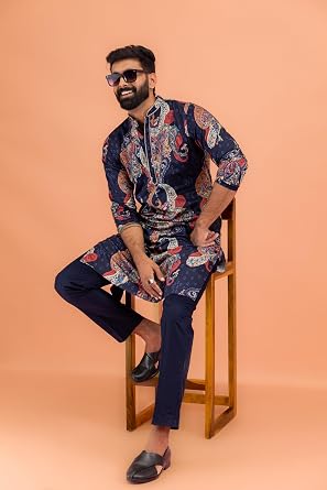 KISAH Men's Kurta - Printed Cotton Blend - Indian Wedding Outfit for Men - Ideal for Weddings and Festivals