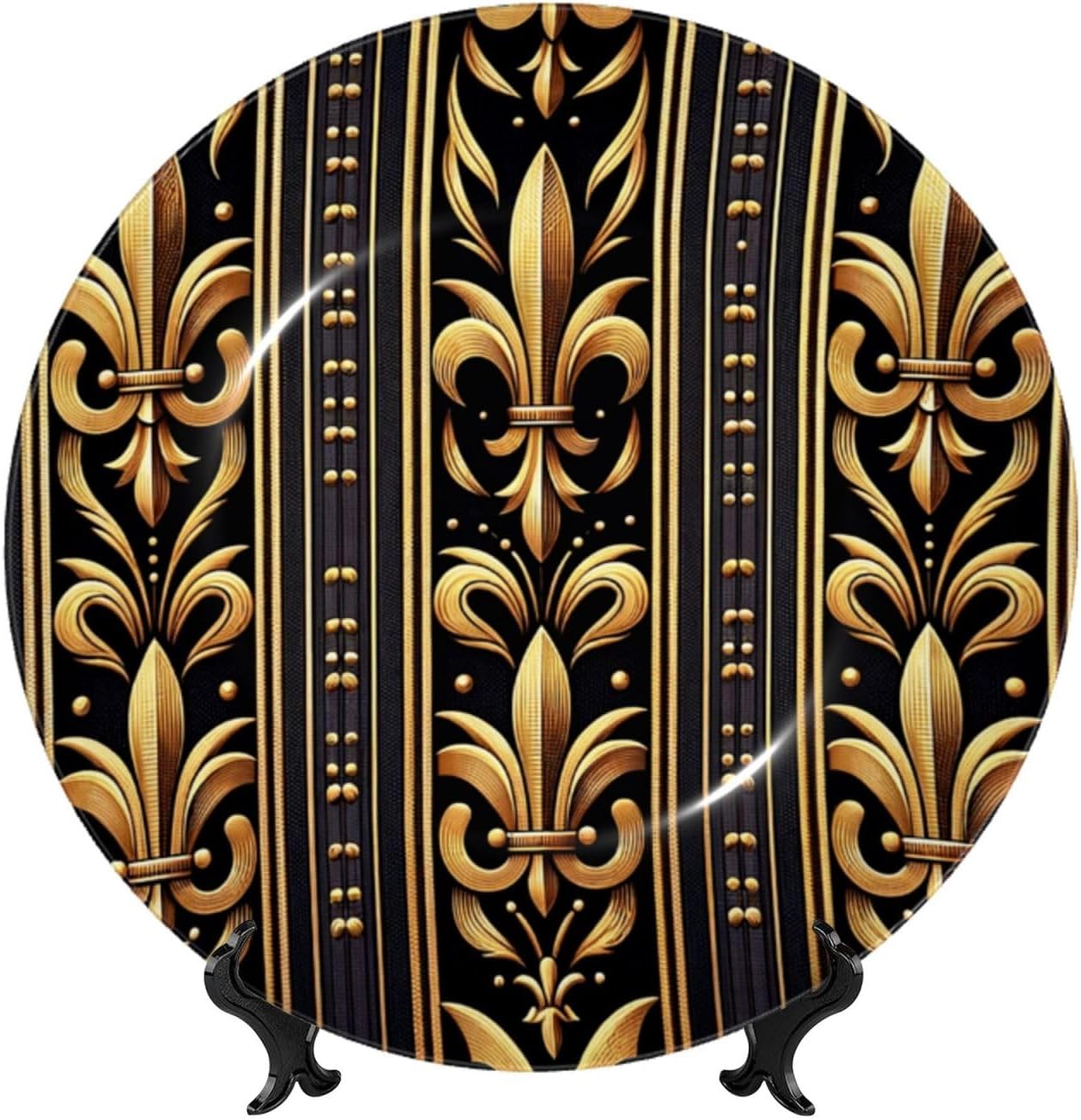 Fleur-De-Lis-Pattern 10 Inch Decorative Plate With Stand, Elegant Display Wall Plate For Home Decor