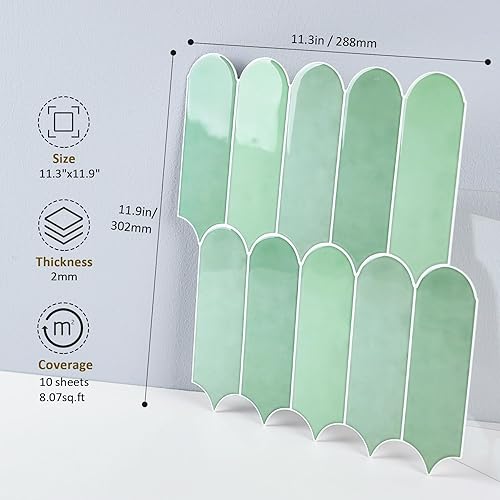 Miniatura 2 de Azulejos de pared verdes para despegar y pegar, autoadhesivos, extraíbles y aptos para inquilinos, azulejos de plumas (10 hojas)