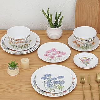 Floral Melamine Dinnerware Set, 16 Pieces for 4, Indoor and Outdoor Use Tableware, Unbreakable Irregular Shape Plates and Bowls set, BPA Free, Dishwasher Top Safe, Not Microwave, Not Oven