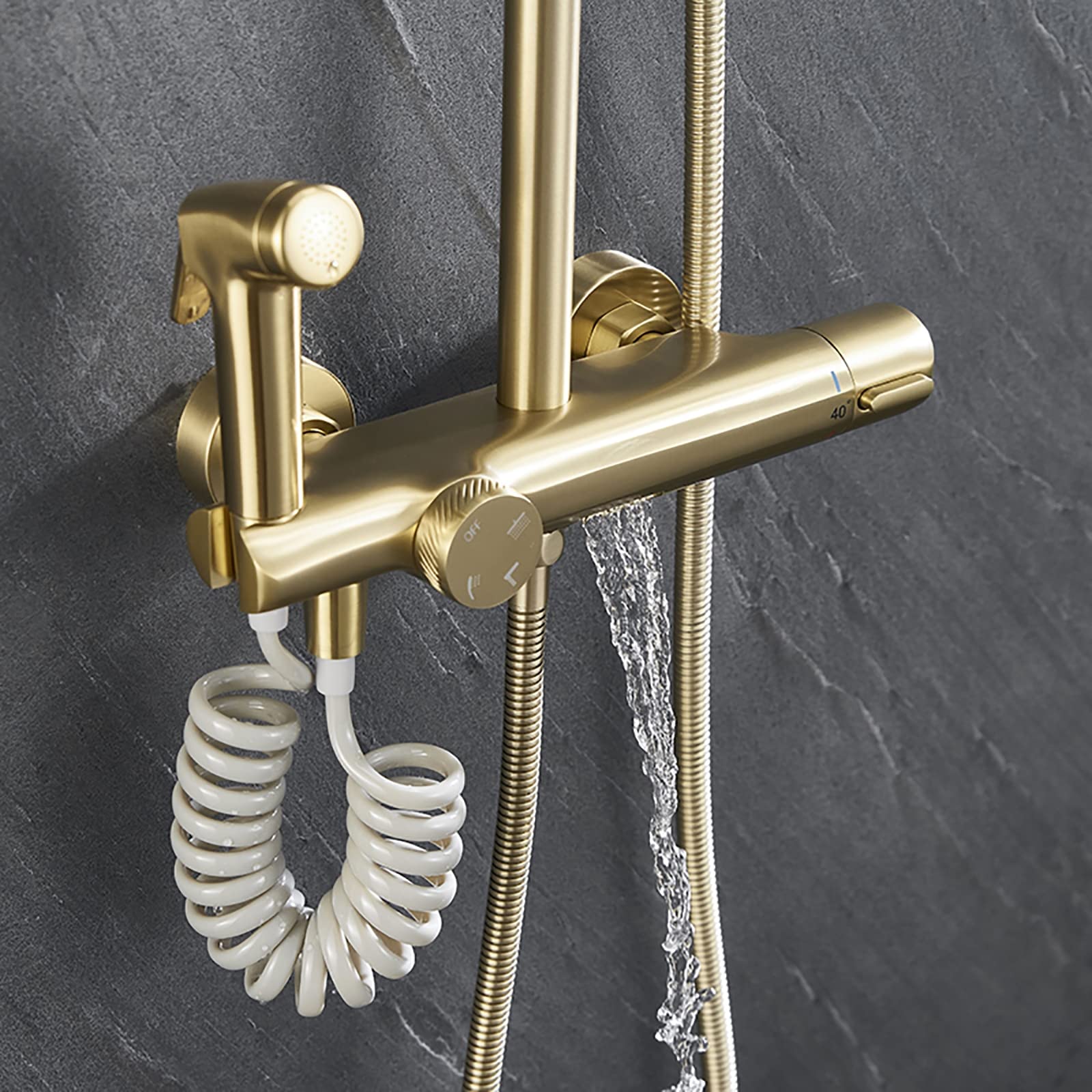 Sistema Doccia a Pioggia con soffione da 10 Pollici, Set Rubinetto termostatico a Parete, Cascata in Ottone, beccuccio per Vasca, doccetta a 3 modalità, Bidet S, Cromato (Nero)