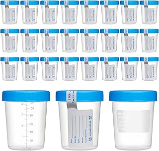30 Pcs 4 oz Disposable Specimen Cups for Urine Fecal Testing with Leakproof Screw Lids Labels Blue Lids