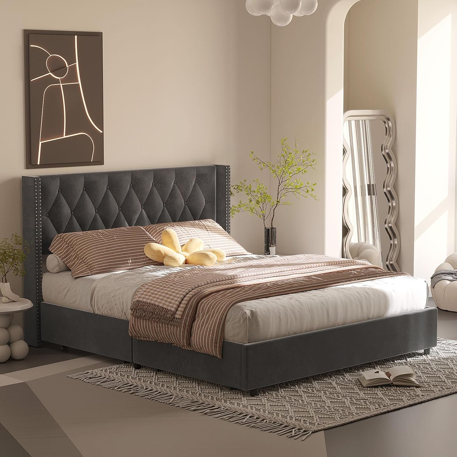 Amelia Velvet Platform Bed in a bedroom setting