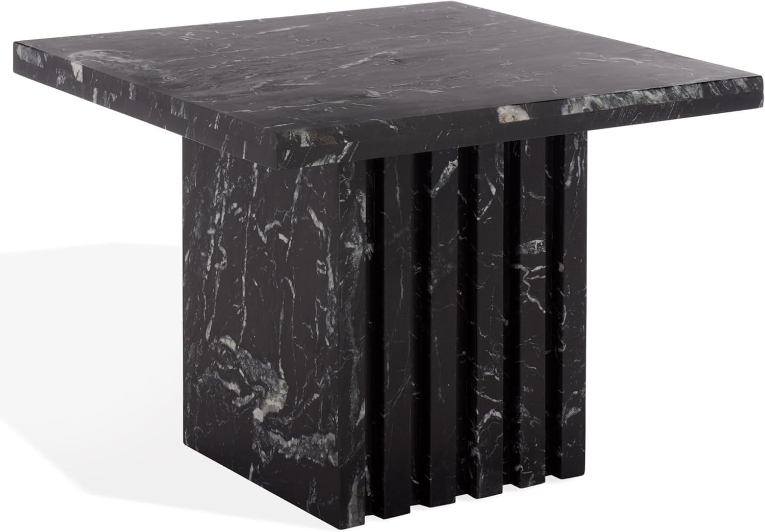 SAFAVIEH Couture Collection – Olivia Black Square Travertine Accent Table, Sculptural Pedestal Display Table (SFV9701C)