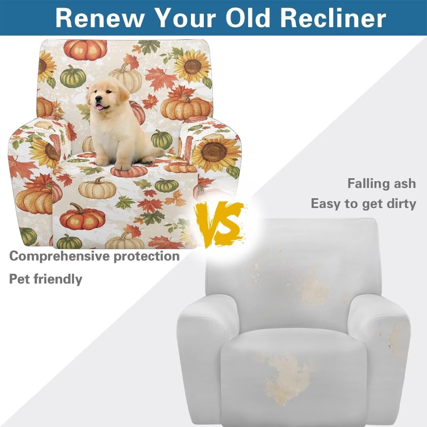 FOR U DESIGNS Maple Leaf Pumpkin Chair Covers for Recliners 4-Piece Stretch Fabric with Storage Pockets Washable Furniture Protector Easy Install Recliner Cover for Living Room
