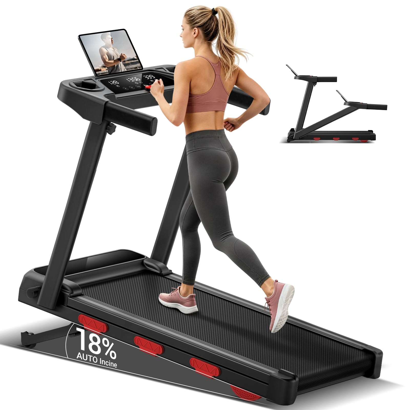UMAY Cinta de Correr Plegable Eléctrica con Inclinación Automática 18% | 1-12 km/h caminadora electrica para casa con Motor Silencioso de 3,0 HP, Triple Pantalla LED,12 Programas,Máx. 160 kg